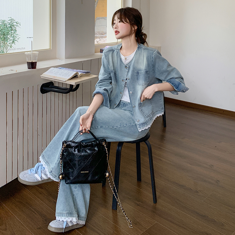 新品现货洗白复古蕾丝花边牛仔阔腿裤两件套6030-P195-K278，女装套装/套裙，菡迪欧娜