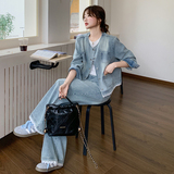 新品现货洗白复古蕾丝花边牛仔阔腿裤两件套6030-P195-K278，女装套装/套裙，菡迪欧娜