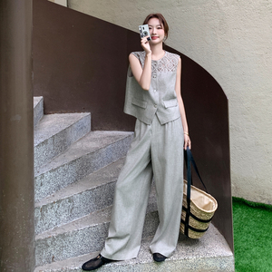 盐系轻熟蕾丝拼接马甲阔腿裤套装女夏季大方得体流行两件套爆款图片