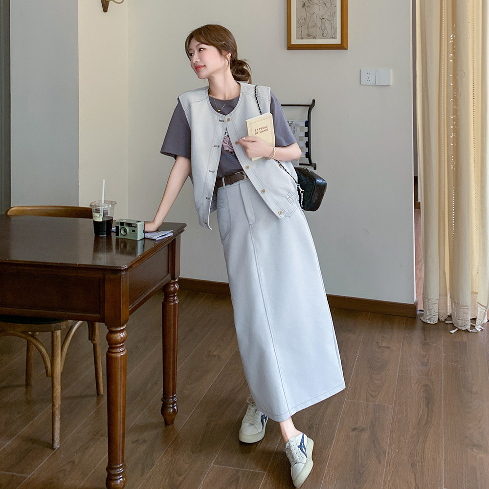 新品主推慵懒休闲马甲+半身裙+印花T恤三件套6068-P195-K278,女装套装/套裙,2C075