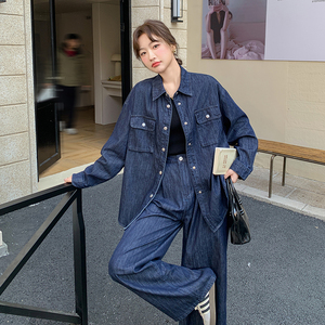 新品宽松复古牛仔衬衫外套阔腿裤两件套6005-P175-K248图片