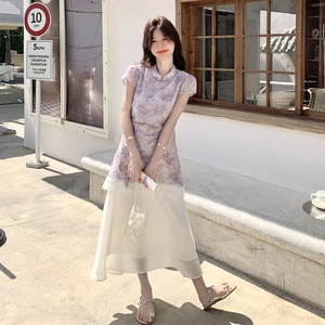 2025年夏季新款新中式国风紫色唯美气质显瘦提花盘扣拼接连衣裙女图片