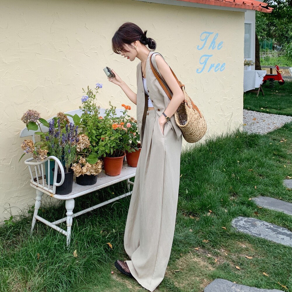 夏日穿搭老钱风西装马甲阔腿裤套装女显瘦轻奢高级感休闲裤两件套,女装套装/套裙,2C075