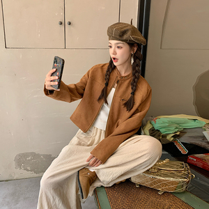 美拉德短款麂皮绒外套女2025春季新款爆款高级感小个子麂皮绒夹克，女装短外套，菡迪欧娜