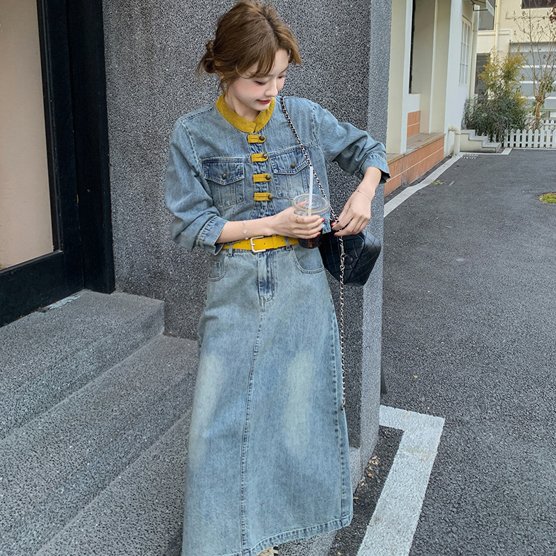 新品大货撞色牛仔外套+半身裙套装配皮带6015-P185-K268,女装套装/套裙,2C075