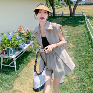 森系休闲风INS风时尚套装西装吊带无袖气质宽松上衣显瘦小个子图片