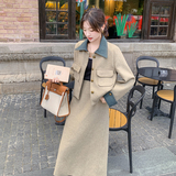 新品现货主推附买家秀毛呢牛仔拼色两件套套裙705-P195-K278，女装套装/套裙，菡迪欧娜