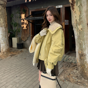 新品大货主推款 羊羔毛拼接90白鸭绒内胆派克服外套896-P295-K438，女装羽绒服，菡迪欧娜