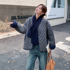轻熟风灰色菱格短款羽绒棉服女冬超火好看高级感加厚棉衣棉袄外套