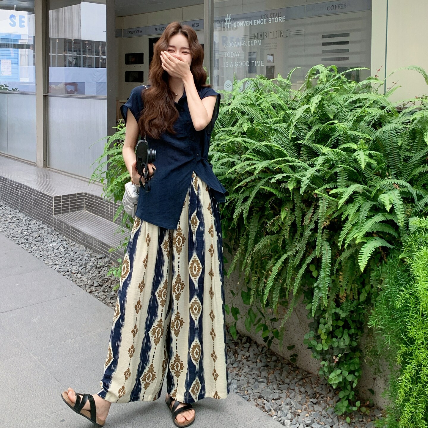 藏青色扭结上衣民族风印花阔腿裤套装两件套女夏季度假一整套ootd,女装套装/套裙,2C075