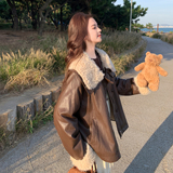 新品咖色羊羔毛拼接皮衣保暖外套2C075-905-P205-K298，女装短外套，菡迪欧娜