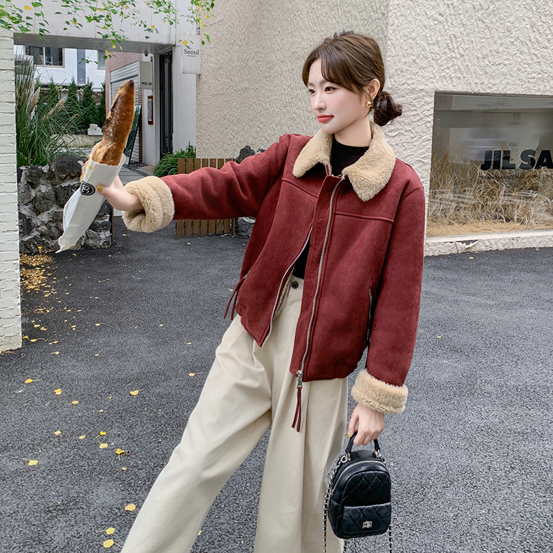 韩版时尚麂皮绒皮毛一体外套女2025冬季新款显瘦保暖加厚棉服上衣，女装短外套，菡迪欧娜