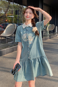 新中式国风牛仔连衣裙女2024夏季新款小个子高级感衬衫POLO短裙子图片