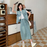 国风盘扣设计感牛仔套装女夏季2025新款休闲刺绣马甲半身裙两件套，女装套装/套裙，菡迪欧娜