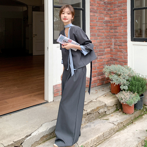 韩系高级感时尚灰色西装套装女2025春季新款休闲宽松阔腿裤两件套图片