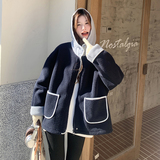 新品现货藏蓝色拼色皮毛一体外套2C075-2025-P185-K268，女装短外套，菡迪欧娜