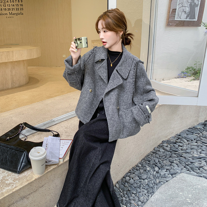 灰色高级感双面羊绒大衣女2024冬季新款小个子超好看短款毛呢外套,女装毛呢外套,2C075