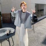 新品针织v领大翻领拼接皮短款外套2C075-6016-P165-K248，女装短外套，2C075