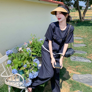 法式时尚气质圆领牛仔上衣套装女2025夏季新款显瘦阔腿长裤两件套图片