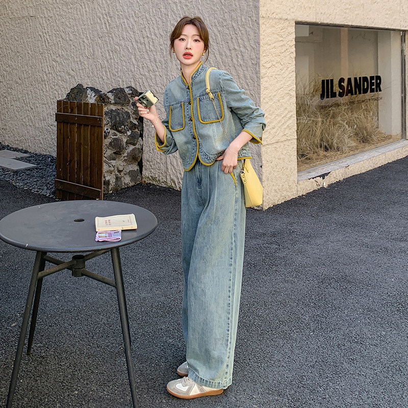 新品已出货拼色牛仔外套+阔腿裤两件套配皮带6019-P185-K268,女装套装/套裙,2C075