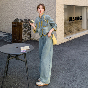 新品已出货 拼色牛仔外套+阔腿裤两件套配皮带6019-P185-K268图片