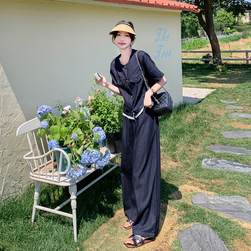 法式时尚气质圆领牛仔上衣套装女2025夏季新款显瘦阔腿长裤两件套,女装套装/套裙,菡迪欧娜