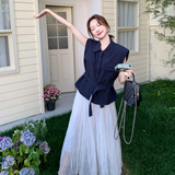时尚无袖翻领衬衫半身裙两件套女夏季2025新款宽松修身带腰带小衫，女装套装/套裙，2C075