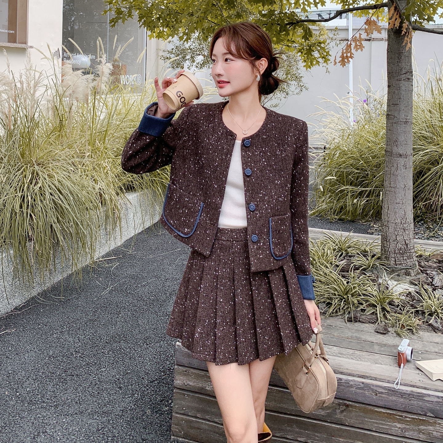 【上新】大货主推款不褪色牛仔拼接毛呢两件套套装875-P205-K298，女装套装/套裙，菡迪欧娜