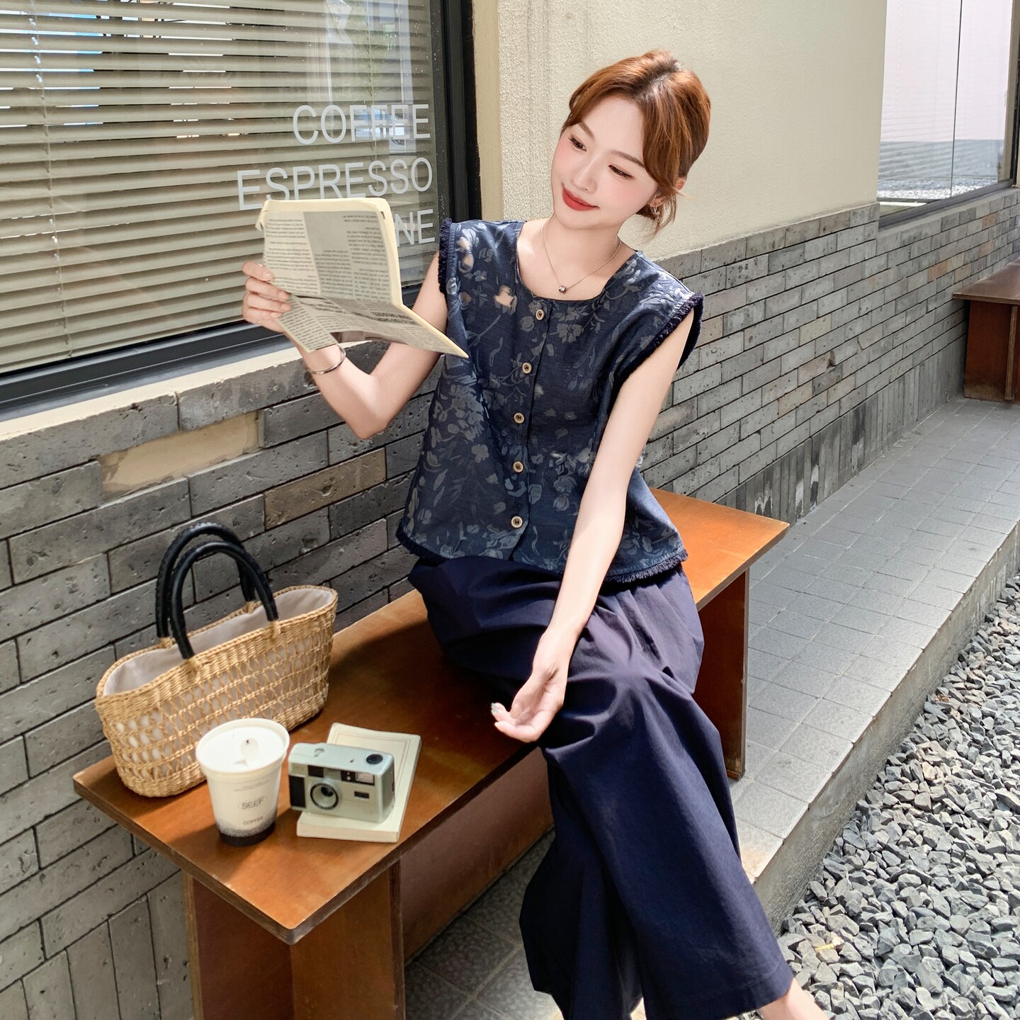 复古印花马甲套装女2025夏季新款韩系时尚宽松阔腿裤百搭两件套,女装套装/套裙,2C075