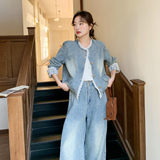 【大货】洗白复古蕾丝牛仔外套+阔腿裤套装26032-P205-K328，女装套装/套裙，2C075
