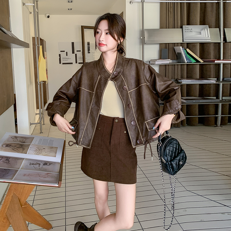 美拉德咖色立领短款皮衣外套女春秋2025新款美式chic慵懒风pu夹克，女装皮衣，菡迪欧娜