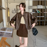 美拉德咖色立领短款皮衣外套女春秋2025新款美式chic慵懒风pu夹克，女装皮衣，菡迪欧娜