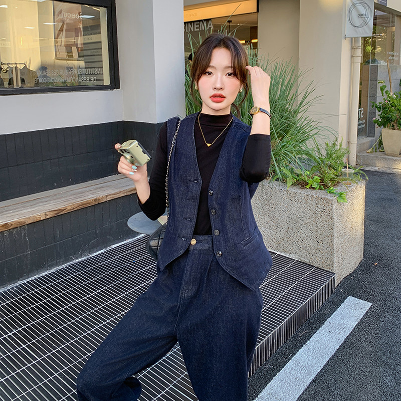 新品主推老钱风牛仔马甲+阔腿裤两件套665-P165-K228,女装套装/套裙,2C075
