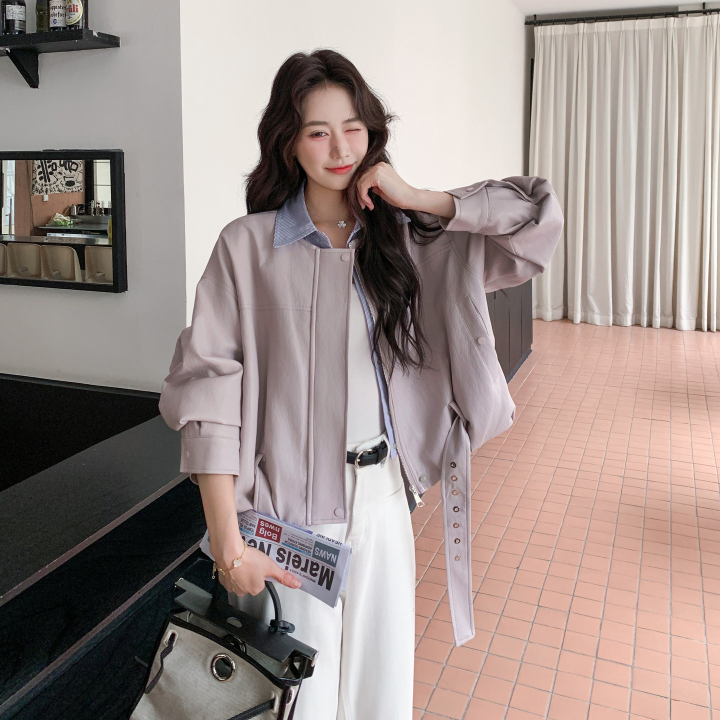 [大货】紫粉色拼接条纹皮衣外套2C075-26029-P175-K288,女装短外套,2C075