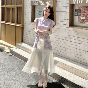 2025年夏季新款新中式国风紫色唯美气质显瘦提花盘扣拼接连衣裙女图片