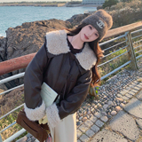 新品 咖色羊羔毛拼接皮衣保暖外套2C075-905-P205-K298,女装短外套,菡迪欧娜, 新品 咖色羊羔毛拼接皮衣保暖外套2C075-905-P205-K298,女装短外套,菡迪欧娜,