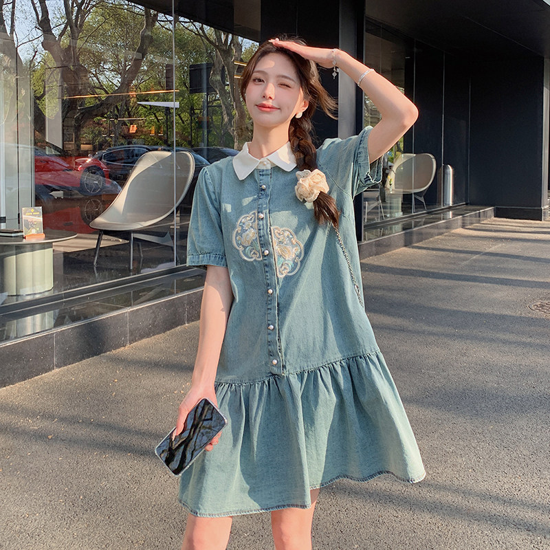 新中式国风牛仔连衣裙女2024夏季新款小个子高级感衬衫POLO短裙子,女装孕妇装,菡迪欧娜