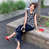 新品格子上衣+慵懒拼接九分阔腿裤两件套777-P155-K218，女装套装/套裙，2C075