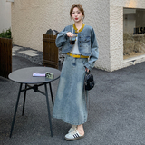 高级感港风复古牛仔套装女2025年新款春季时尚设计感半身裙两件套，女装套装/套裙，菡迪欧娜