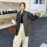 高级感两面穿立领皮衣外套女2025秋季新款巴恩风复古时尚宽松大衣，女装皮衣，菡迪欧娜