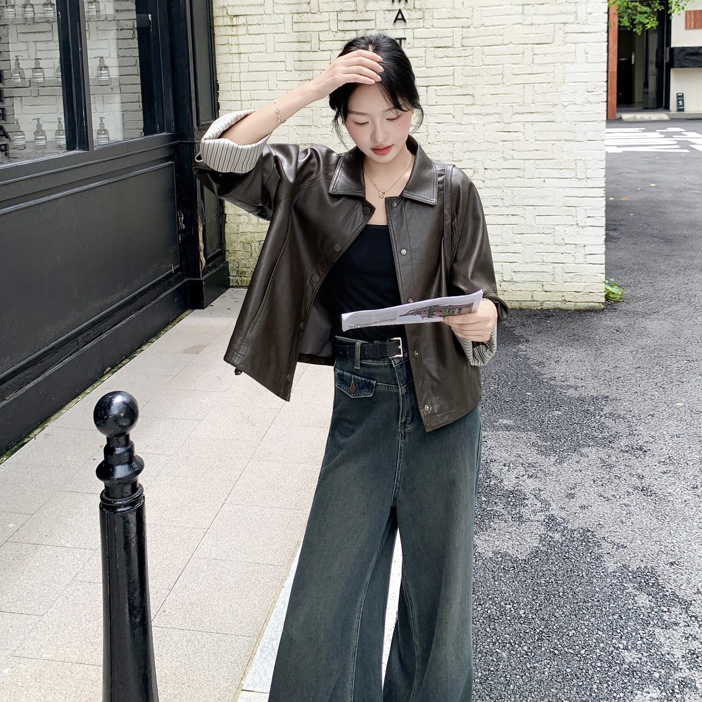 新品大货主推条纹拼接皮衣外套2C075-808-P165-K248,女装皮衣,2C075