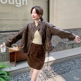 美拉德咖色立领短款皮衣外套女春秋2025新款美式chic慵懒风pu夹克，女装皮衣，菡迪欧娜