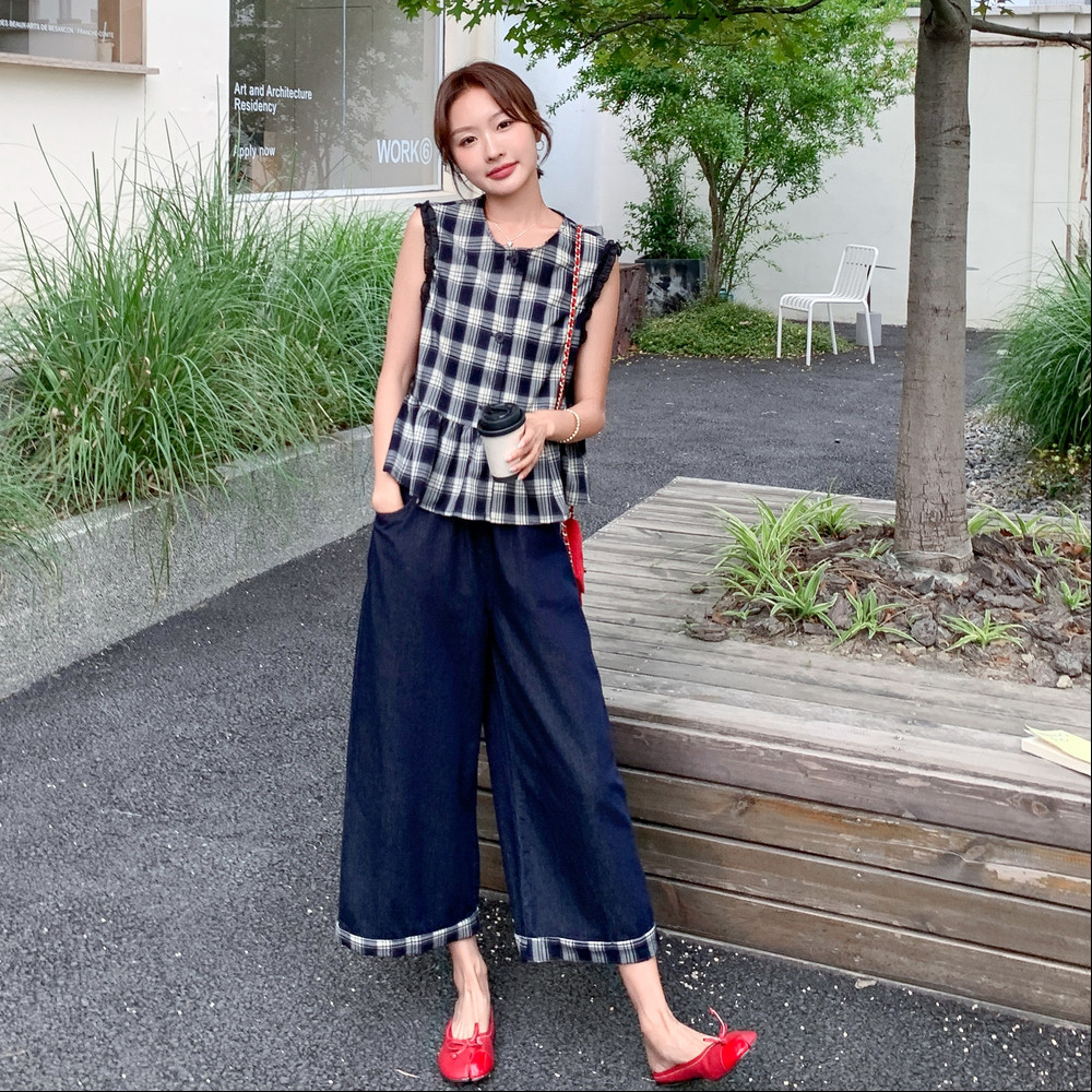 新品格子上衣+慵懒拼接九分阔腿裤两件套777-P155-K218,女装套装/套裙,2C075