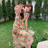 新品现货温柔风油画印花方领显瘦连衣裙2C075-398-P115-K168，女装连衣裙，菡迪欧娜