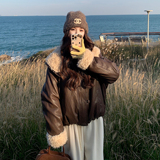 新品咖色羊羔毛拼接皮衣保暖外套2C075-905-P205-K298，女装短外套，菡迪欧娜