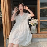 新品现货重工刺绣肌理感宽松泡泡袖V领连衣裙2C075-155-P145-K208，女装连衣裙，菡迪欧娜