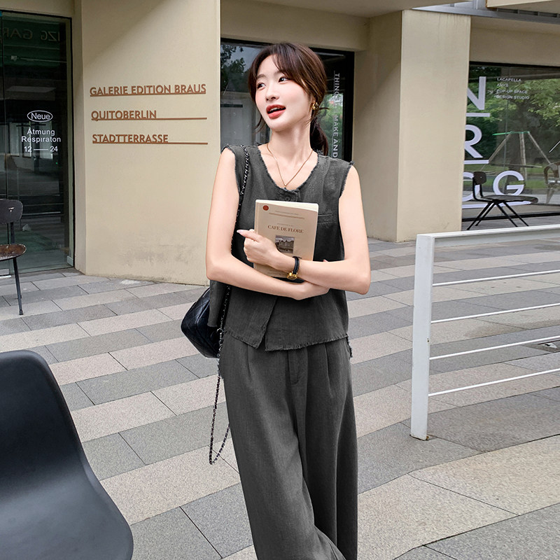 新品主推麻料毛边无袖上衣+阔腿裤两件套629-P165-K228,女装套装/套裙,2C075