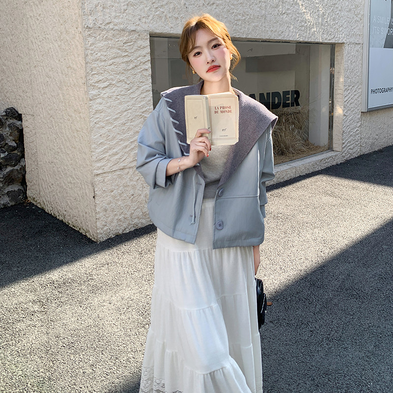 新品大货针织v领大翻领拼接皮短款外套2C075-6016-P165-K248,女装短外套,2C075