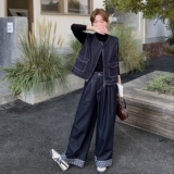 时尚拉链马甲背心牛仔阔腿裤套装女2025秋帅气坎肩直筒长裤两件套，商品下架区，菡迪欧娜