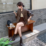 美拉德咖色立领短款皮衣外套女春秋2025新款美式chic慵懒风pu夹克，女装皮衣，菡迪欧娜